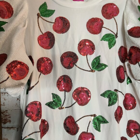 Queen of Sparkles Women's Small Puff Sleeve Cherry Mini Dress - Picture 3 of 6